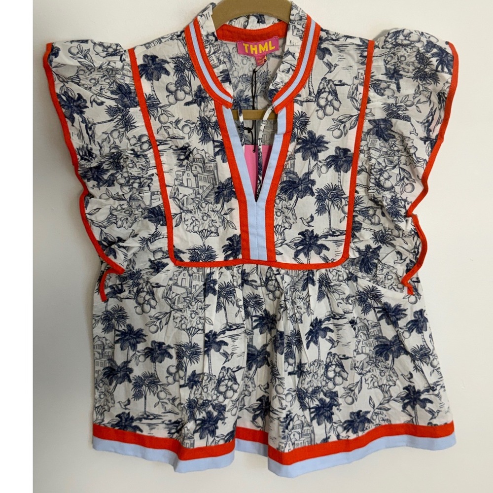 THML Tropical Toile Flutter Sleeve Top Blue Orange White XS New WCT3821-1-BL